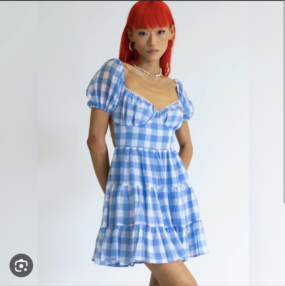 Princess Polly Dani Mini blue/white checkered mini cottagecore dress, size 10